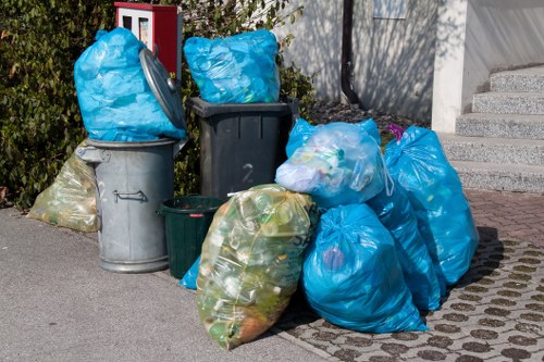 A collection of various rubbish bags and containers situated on a paved driveway in an outdoor area, with some bags being bright blue, others transparent, revealing mixed waste including plastic bottles and packaging, while some bags are tied or slightly open. Two large wheelie bins, one black and one grey, are positioned behind the bags, with the grey bin featuring a closed lid. Smaller containers, including a dark green bin, are also present among the rubbish. The background includes a concrete staircase on the right side, a section of a building wall, and some greenery or bushes on the left. The scene appears to be in a residential or urban setting, possibly in the Highbury area, related to waste collection or rubbish removal services by Garden Clearance Highbury.