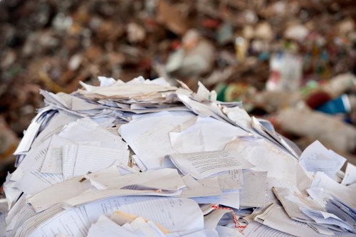 A large pile of assorted discarded paper documents and files stacked outdoors on a surface, with some papers crumpled or torn, and background consisting of blurred natural ground covered with fallen leaves and small debris. The papers include printed sheets, notebooks, and forms in white and light cream tones, with visible text and lines, and some slightly wrinkled or folded. The image reflects a collection of rubbish suitable for professional garden clearance or rubbish removal services in Highbury, showcasing an accumulation of paper waste that might be generated from office or garden clearance activities in the area. The overall scene emphasizes the need for proper disposal or recycling of paper waste, as handled by companies like Garden Clearance Highbury.